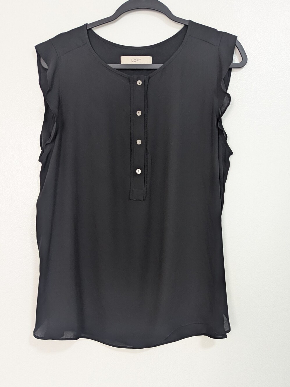 LOFT Size XL Black Semi-Sheer Flutter Sleeve Button-Front Blouse
